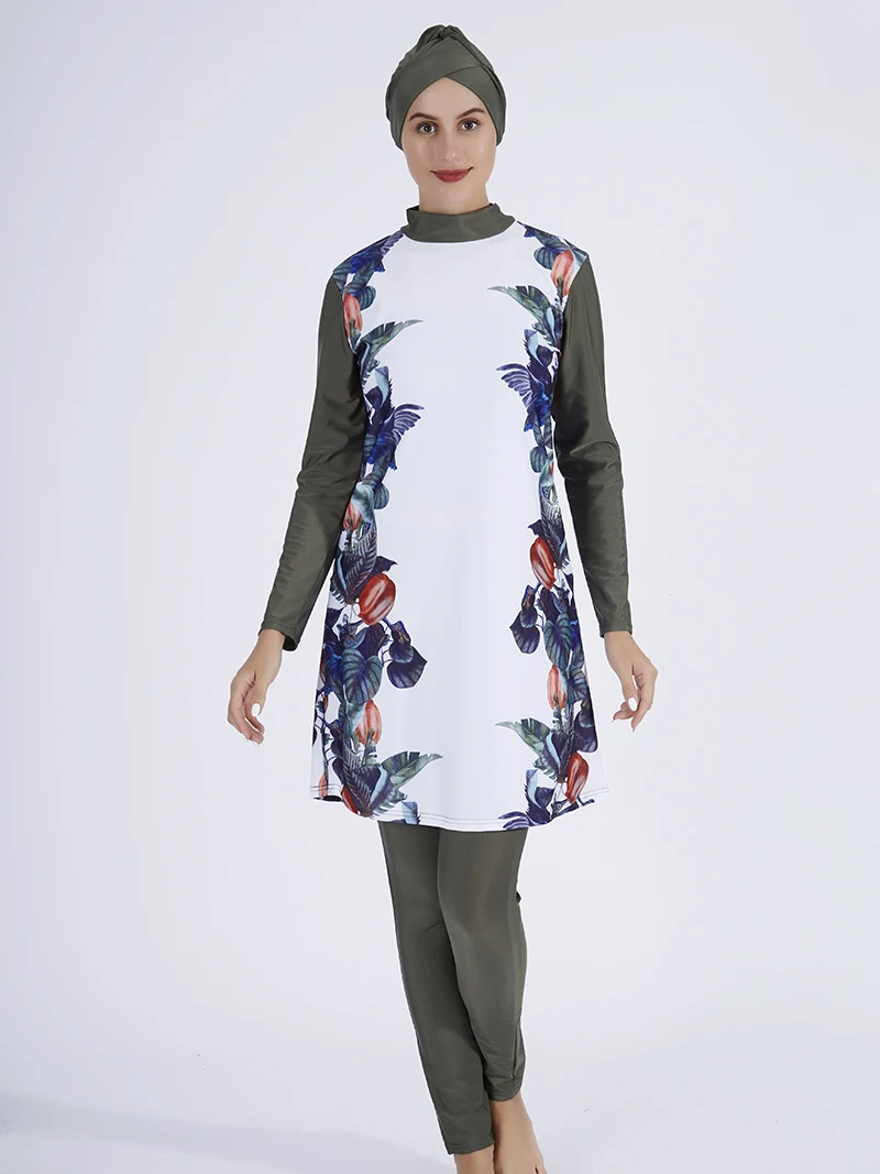 Women Muslim Swimwear Maple Leaf Printing Lslamic Clothes Hijab 3 Pcs Long Sleeves Sport Swimsuit Burkinis Bathing Suit Abaya