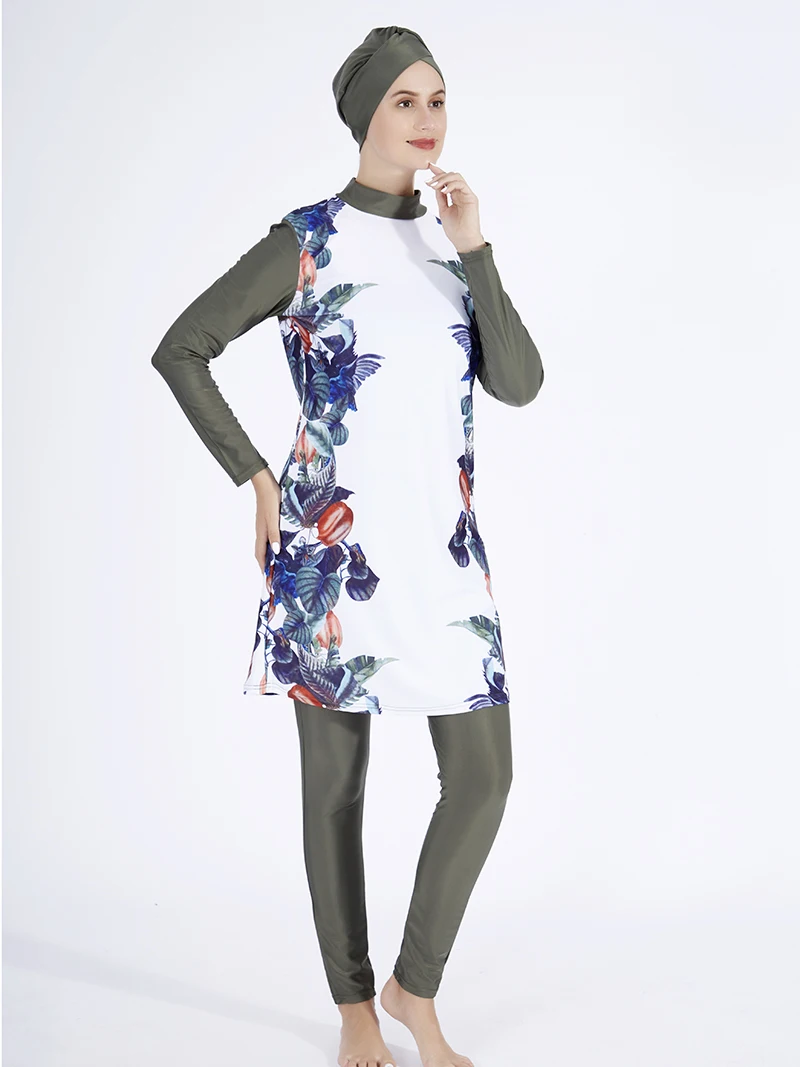 Women Muslim Swimwear Maple Leaf Printing Lslamic Clothes Hijab 3 Pcs Long Sleeves Sport Swimsuit Burkinis Bathing Suit Abaya