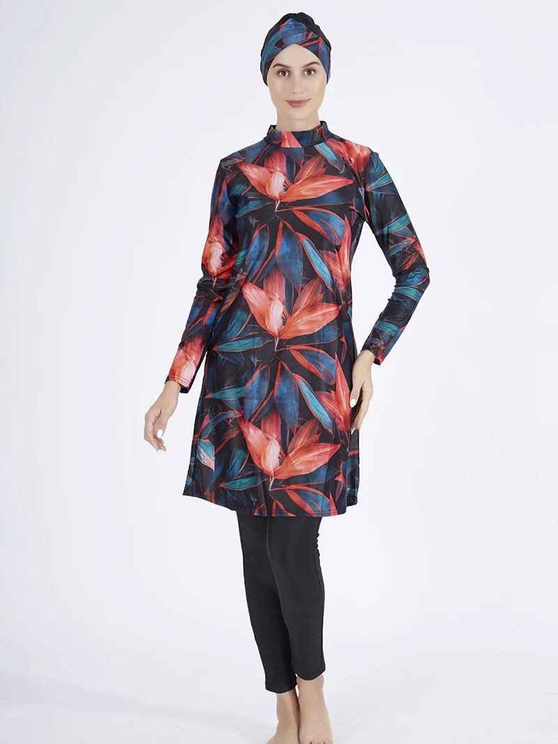 Women Muslim Swimwear Maple Leaf Printing Lslamic Clothes Hijab 3 Pcs Long Sleeves Sport Swimsuit Burkinis Bathing Suit Abaya
