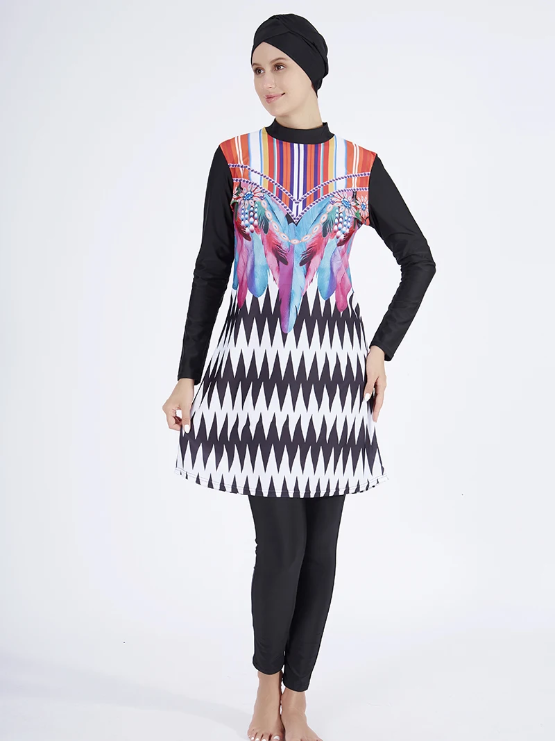 Women Muslim Swimwear Maple Leaf Printing Lslamic Clothes Hijab 3 Pcs Long Sleeves Sport Swimsuit Burkinis Bathing Suit Abaya