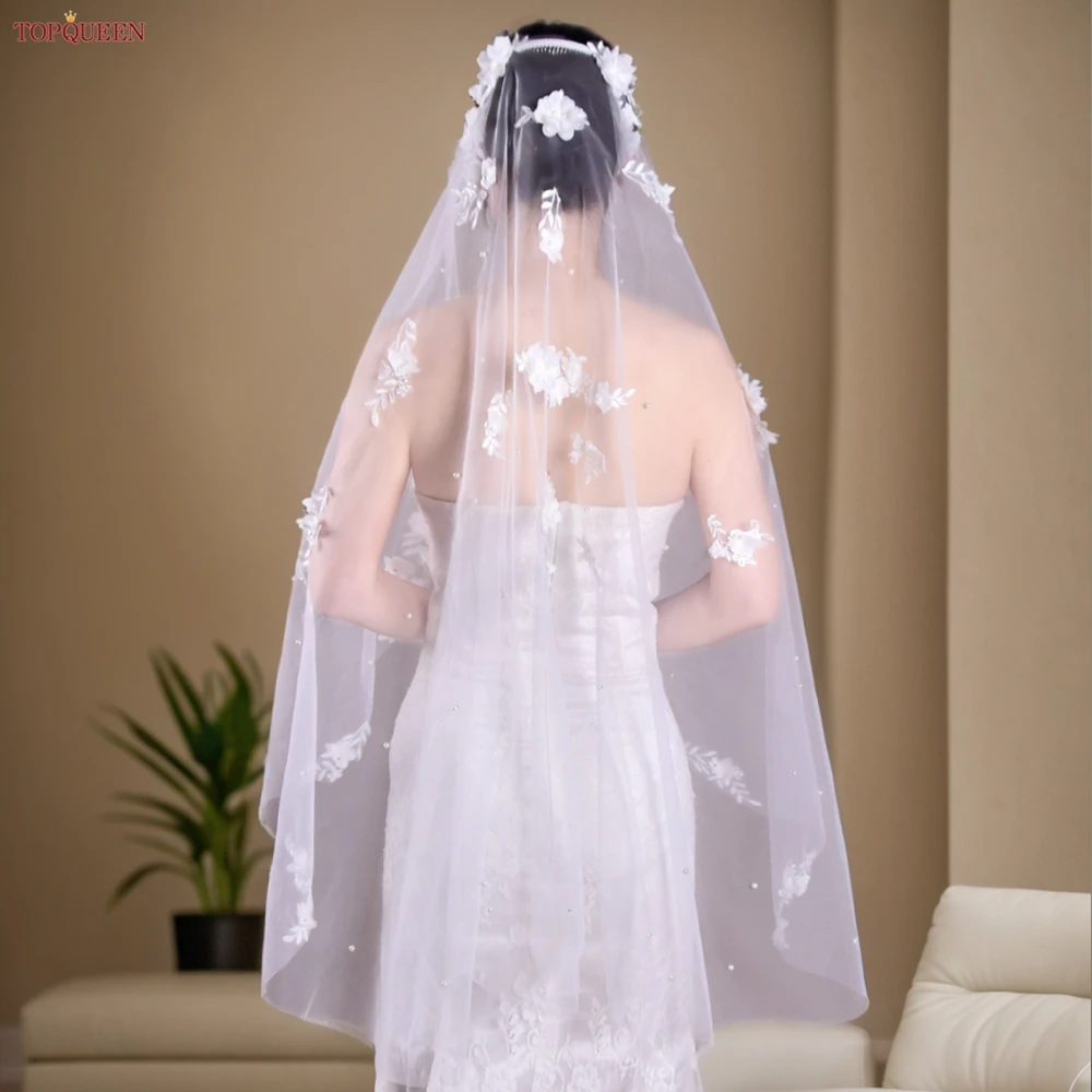 TOPQUEEN V52 3D Flowers Wedding Veil with Pearls Bridal Veils Cathedral Droped Luxury Bridal Veil Veu Long Wedding 3 Meters