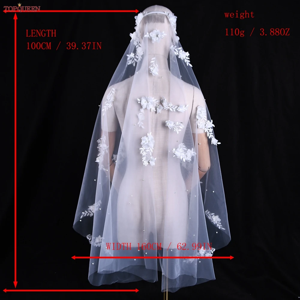 TOPQUEEN V52 3D Flowers Wedding Veil with Pearls Bridal Veils Cathedral Droped Luxury Bridal Veil Veu Long Wedding 3 Meters