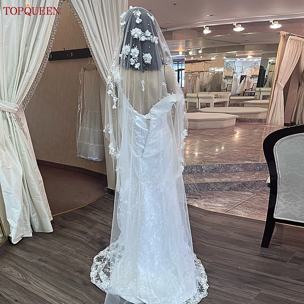 TOPQUEEN V52 3D Flowers Wedding Veil with Pearls Bridal Veils Cathedral Droped Luxury Bridal Veil Veu Long Wedding 3 Meters