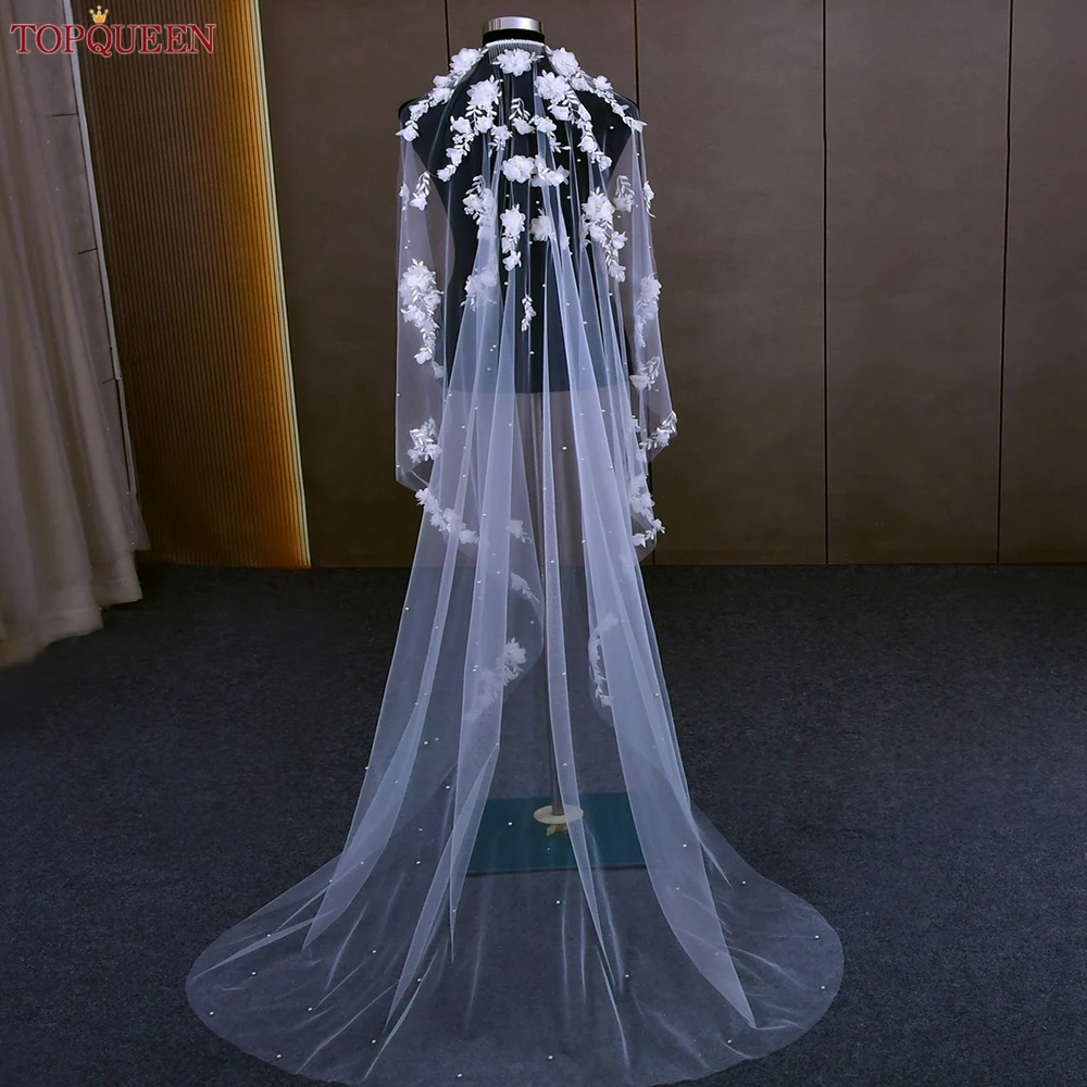 TOPQUEEN V52 3D Flowers Wedding Veil with Pearls Bridal Veils Cathedral Droped Luxury Bridal Veil Veu Long Wedding 3 Meters
