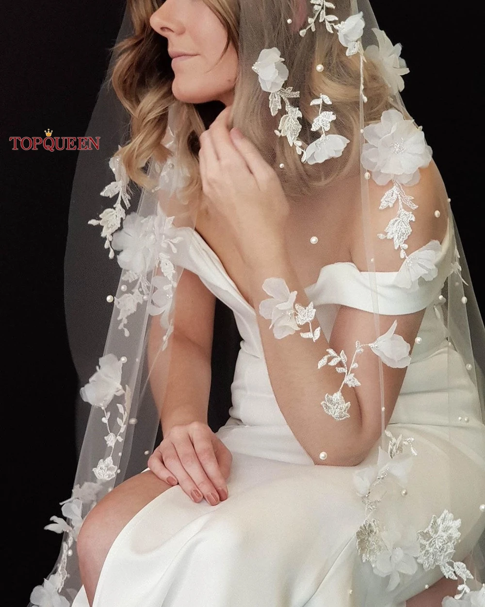 TOPQUEEN V52 3D Flowers Wedding Veil with Pearls Bridal Veils Cathedral Droped Luxury Bridal Veil Veu Long Wedding 3 Meters