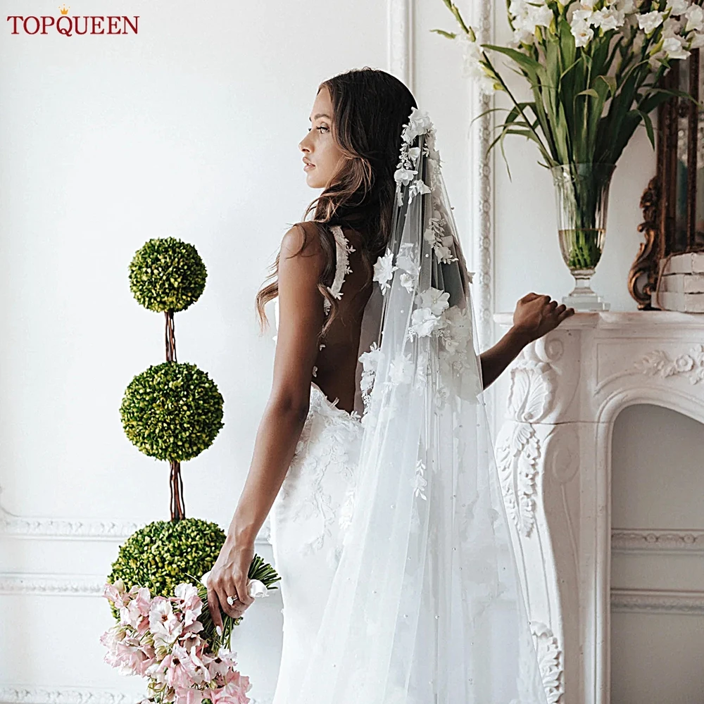 TOPQUEEN V52 3D Flowers Wedding Veil with Pearls Bridal Veils Cathedral Droped Luxury Bridal Veil Veu Long Wedding 3 Meters