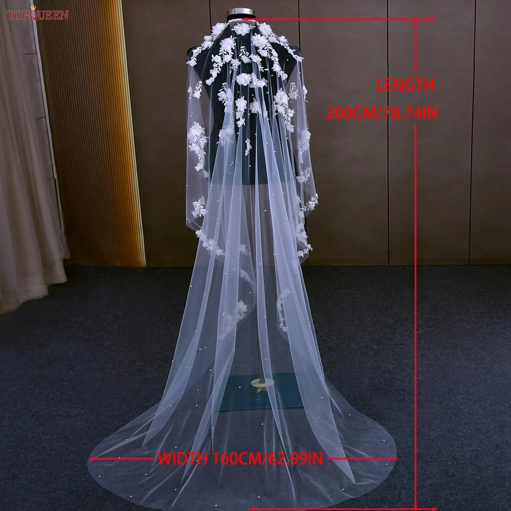 TOPQUEEN V52 3D Flowers Wedding Veil with Pearls Bridal Veils Cathedral Droped Luxury Bridal Veil Veu Long Wedding 3 Meters