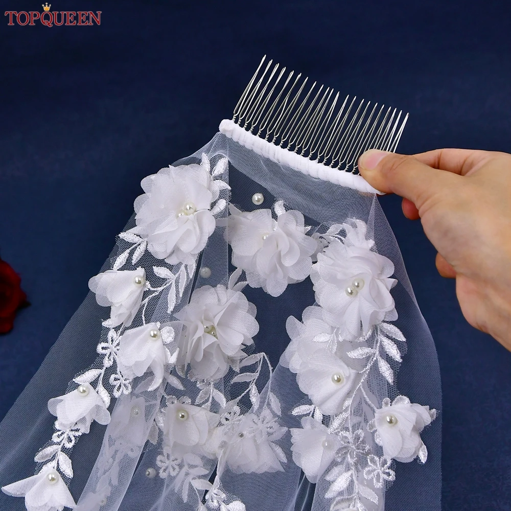 TOPQUEEN V52 3D Flowers Wedding Veil with Pearls Bridal Veils Cathedral Droped Luxury Bridal Veil Veu Long Wedding 3 Meters