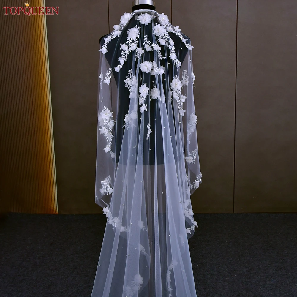 TOPQUEEN V52 3D Flowers Wedding Veil with Pearls Bridal Veils Cathedral Droped Luxury Bridal Veil Veu Long Wedding 3 Meters