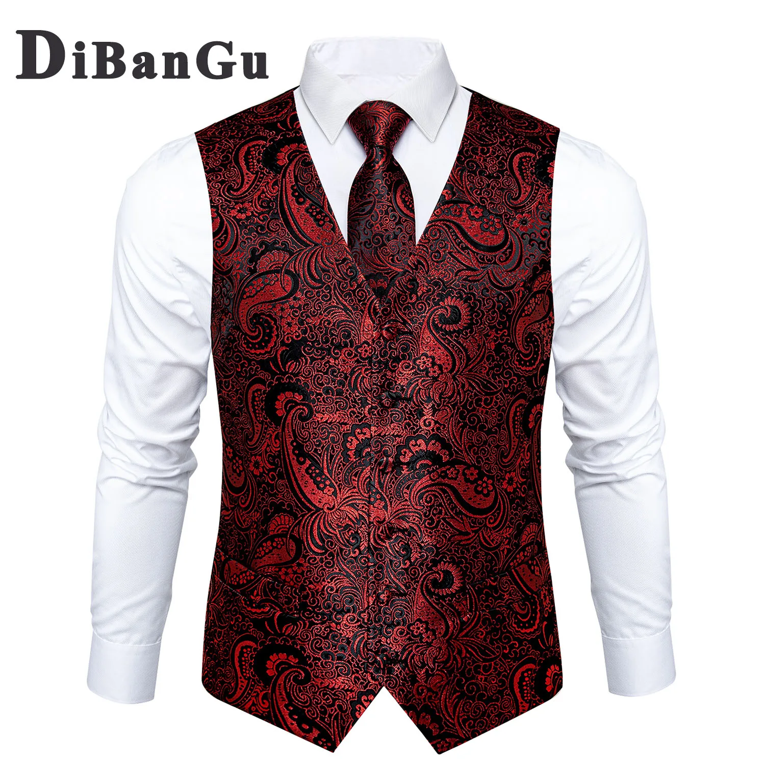 New Men's Vests Formal Dress Suit Vest Tie Set for Wedding Male Satin Burgundy Red Waistcoat Sleeveless Jacket Casual Top