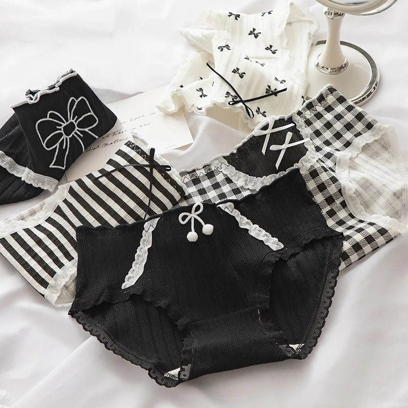 New Women Cotton Underwear Fashion Bow Comfort Briefs Lovely Girl Printed Panties Mid Waist Seamless Underpants Female Lingerie