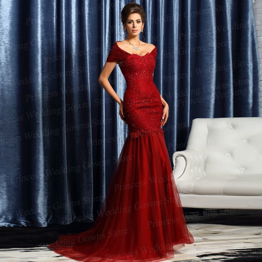 Customized Red Elegant Dress For Wedding Mother Of The Bride Mermaid Party Gown Floor Length Long Sequin Tulle Vestidos De Noche