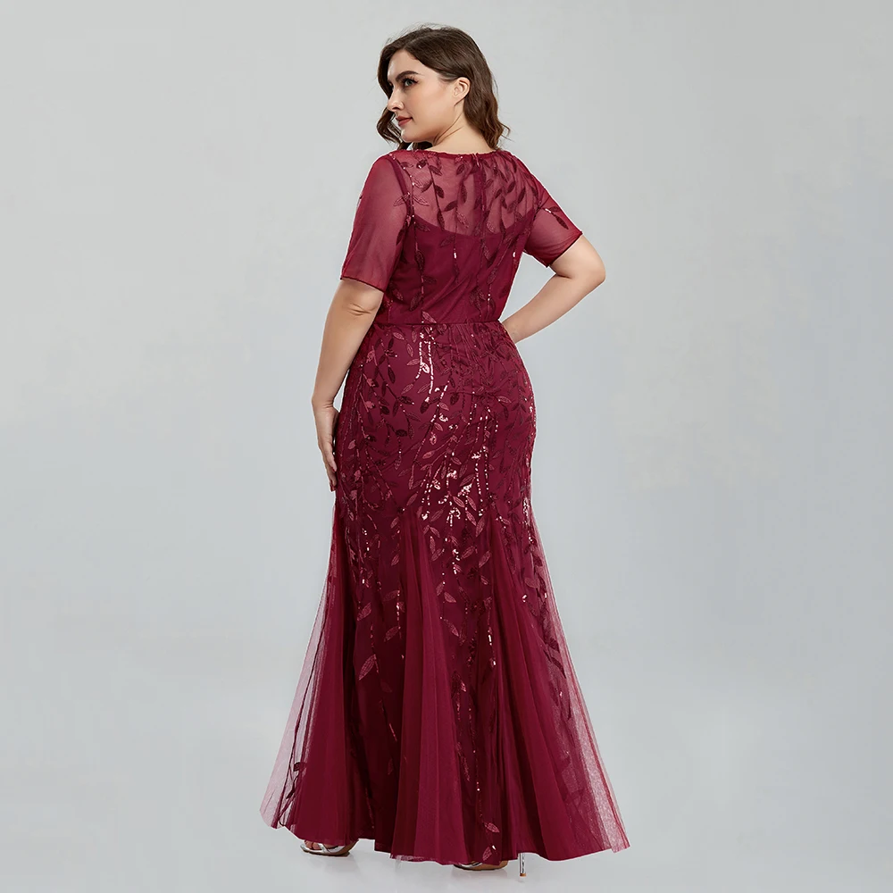 Women Plus Size Sequin Mesh Embroidery Mermaid Evening Dress Formal Short Sleeve Elegant Party Prom Gowns 2020 New Long Dress