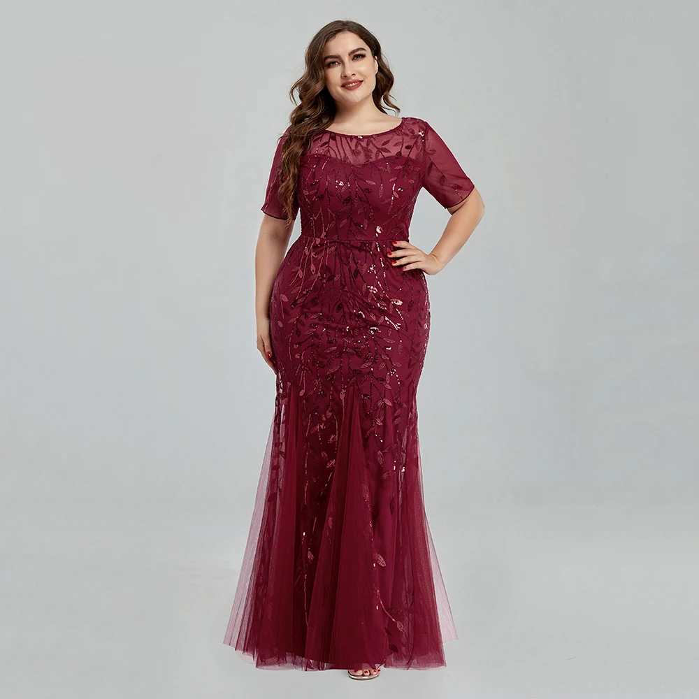 Women Plus Size Sequin Mesh Embroidery Mermaid Evening Dress Formal Short Sleeve Elegant Party Prom Gowns 2020 New Long Dress