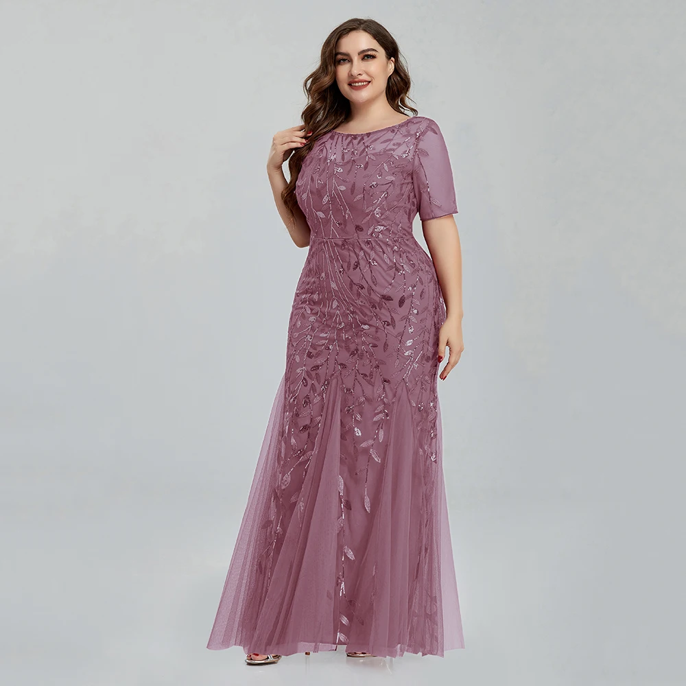 Women Plus Size Sequin Mesh Embroidery Mermaid Evening Dress Formal Short Sleeve Elegant Party Prom Gowns 2020 New Long Dress