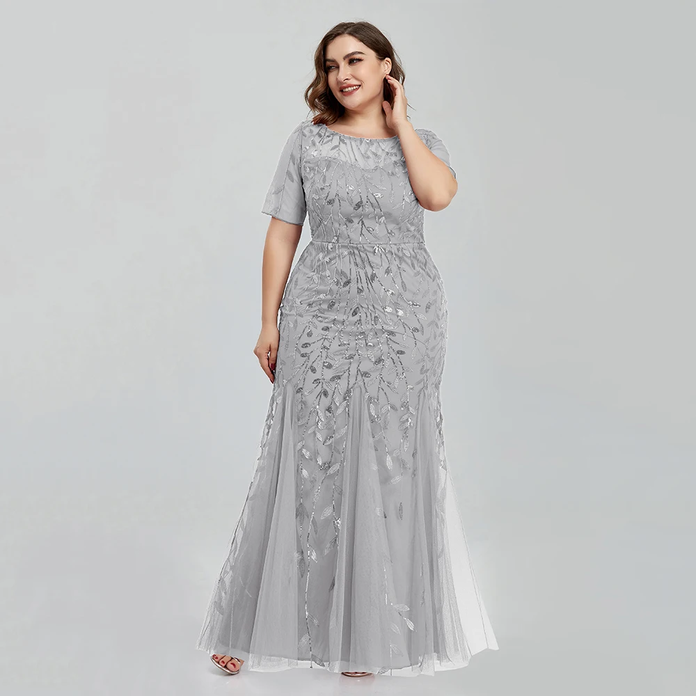 Women Plus Size Sequin Mesh Embroidery Mermaid Evening Dress Formal Short Sleeve Elegant Party Prom Gowns 2020 New Long Dress