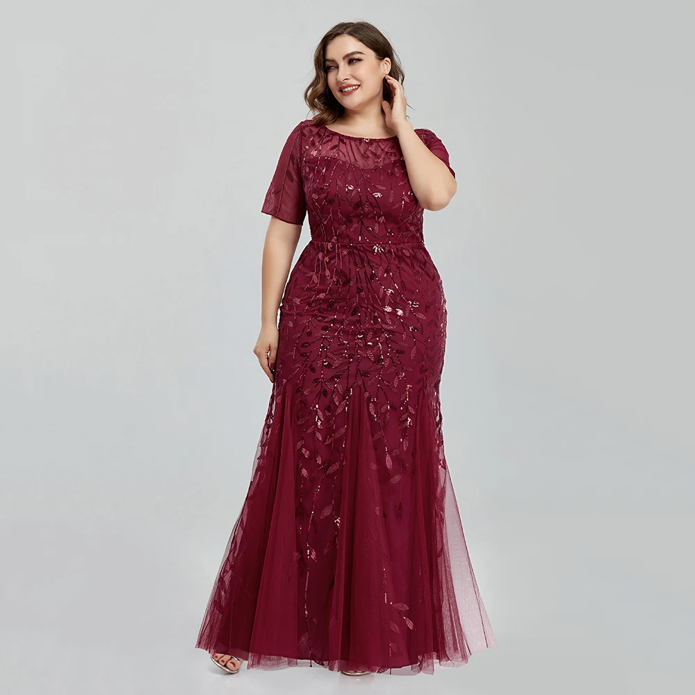 Women Plus Size Sequin Mesh Embroidery Mermaid Evening Dress Formal Short Sleeve Elegant Party Prom Gowns 2020 New Long Dress