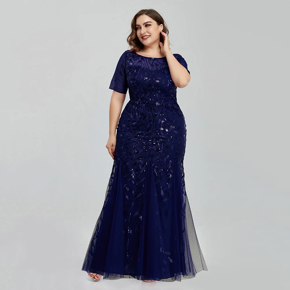 Women Plus Size Sequin Mesh Embroidery Mermaid Evening Dress Formal Short Sleeve Elegant Party Prom Gowns 2020 New Long Dress