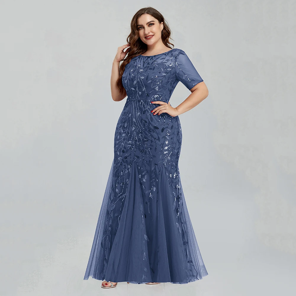 Women Plus Size Sequin Mesh Embroidery Mermaid Evening Dress Formal Short Sleeve Elegant Party Prom Gowns 2020 New Long Dress