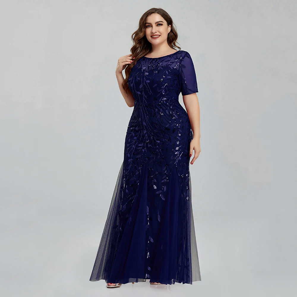 Women Plus Size Sequin Mesh Embroidery Mermaid Evening Dress Formal Short Sleeve Elegant Party Prom Gowns 2020 New Long Dress