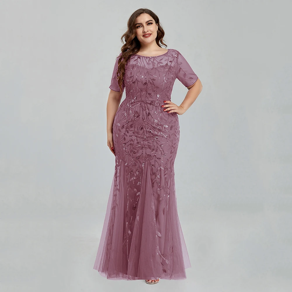 Women Plus Size Sequin Mesh Embroidery Mermaid Evening Dress Formal Short Sleeve Elegant Party Prom Gowns 2020 New Long Dress