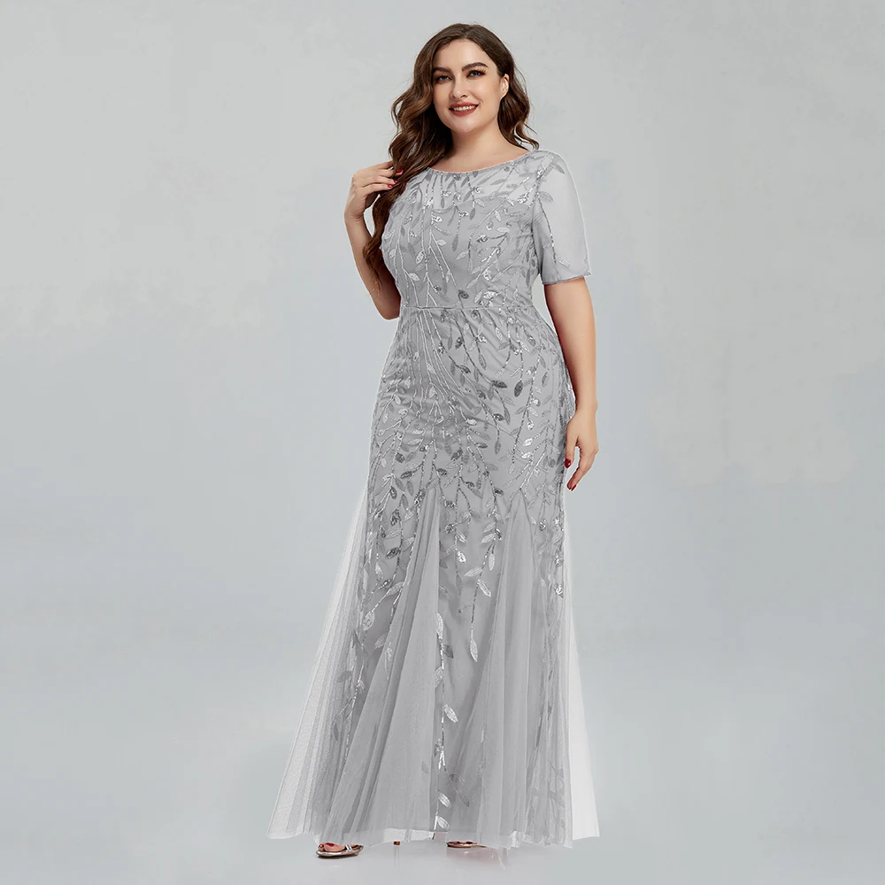 Women Plus Size Sequin Mesh Embroidery Mermaid Evening Dress Formal Short Sleeve Elegant Party Prom Gowns 2020 New Long Dress