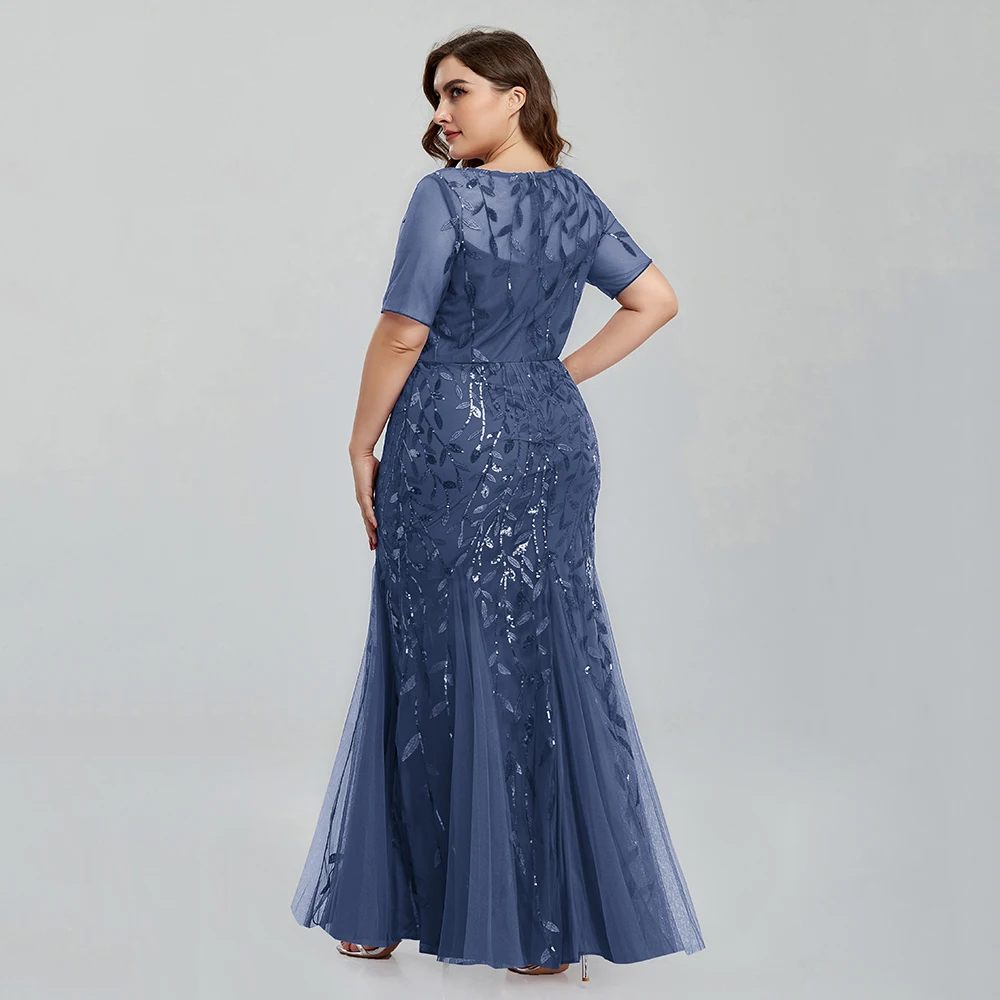 Women Plus Size Sequin Mesh Embroidery Mermaid Evening Dress Formal Short Sleeve Elegant Party Prom Gowns 2020 New Long Dress