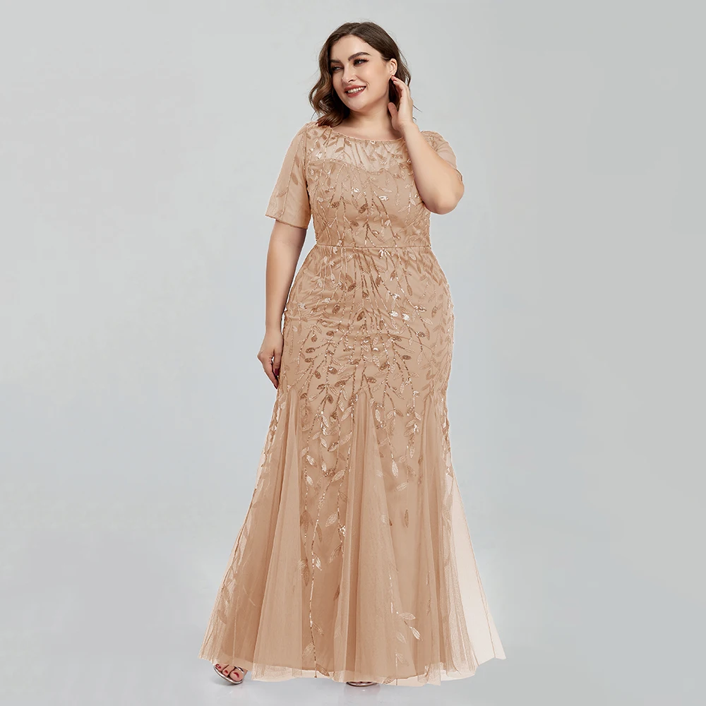 Women Plus Size Sequin Mesh Embroidery Mermaid Evening Dress Formal Short Sleeve Elegant Party Prom Gowns 2020 New Long Dress