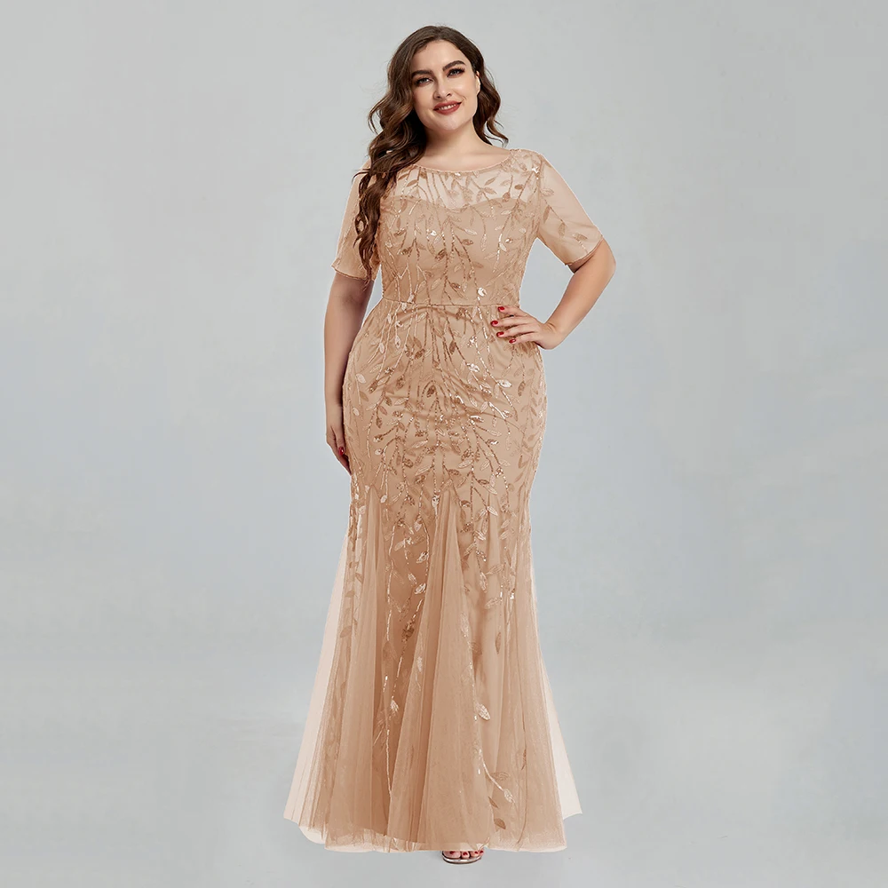 Women Plus Size Sequin Mesh Embroidery Mermaid Evening Dress Formal Short Sleeve Elegant Party Prom Gowns 2020 New Long Dress