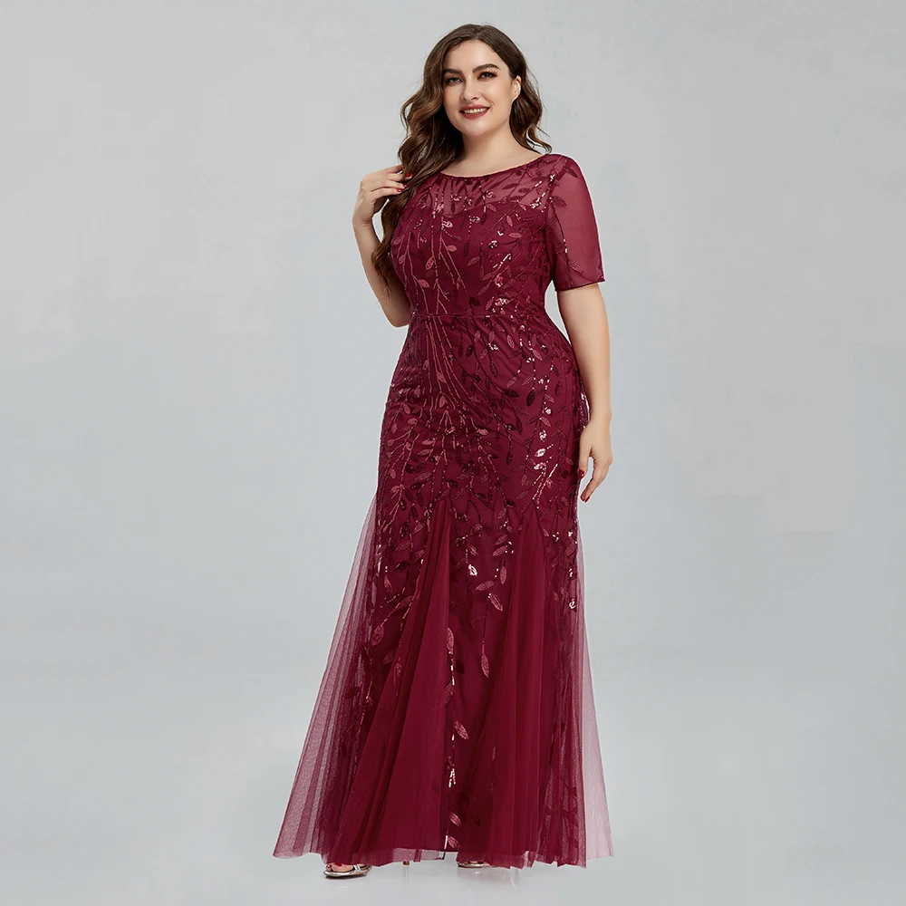 Women Plus Size Sequin Mesh Embroidery Mermaid Evening Dress Formal Short Sleeve Elegant Party Prom Gowns 2020 New Long Dress
