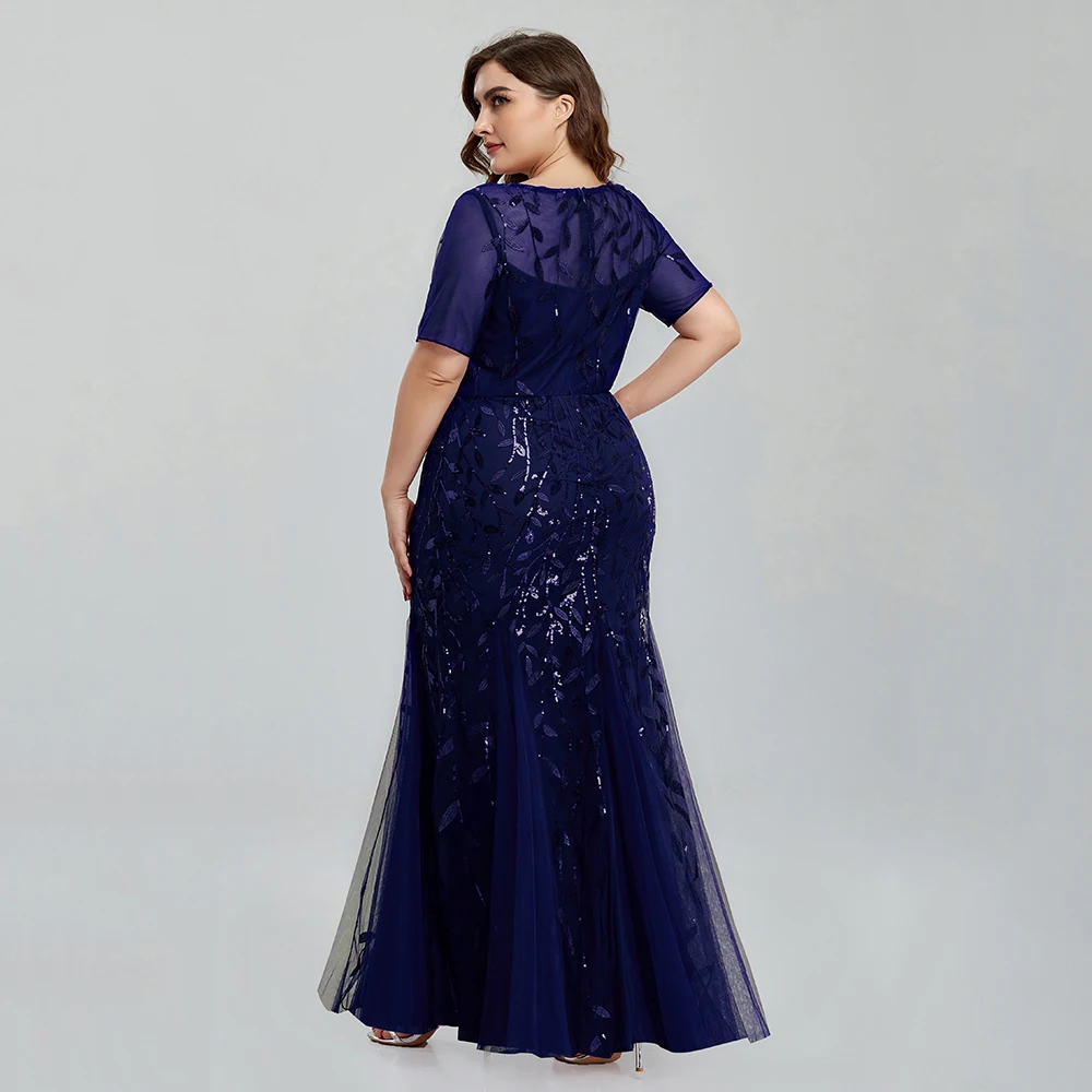 Women Plus Size Sequin Mesh Embroidery Mermaid Evening Dress Formal Short Sleeve Elegant Party Prom Gowns 2020 New Long Dress