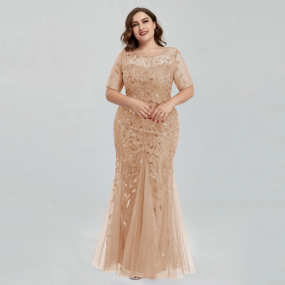 Women Plus Size Sequin Mesh Embroidery Mermaid Evening Dress Formal Short Sleeve Elegant Party Prom Gowns 2020 New Long Dress