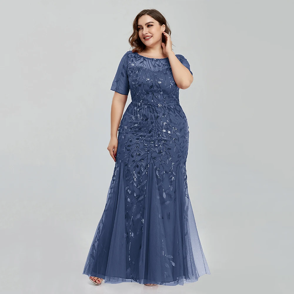 Women Plus Size Sequin Mesh Embroidery Mermaid Evening Dress Formal Short Sleeve Elegant Party Prom Gowns 2020 New Long Dress