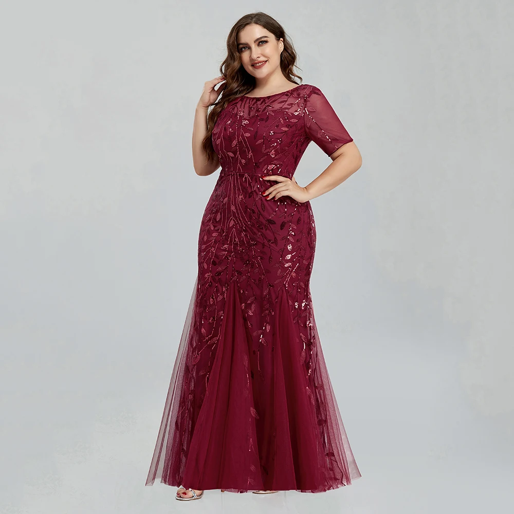 Women Plus Size Sequin Mesh Embroidery Mermaid Evening Dress Formal Short Sleeve Elegant Party Prom Gowns 2020 New Long Dress