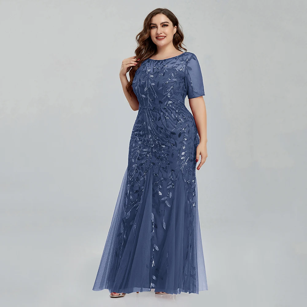 Women Plus Size Sequin Mesh Embroidery Mermaid Evening Dress Formal Short Sleeve Elegant Party Prom Gowns 2020 New Long Dress
