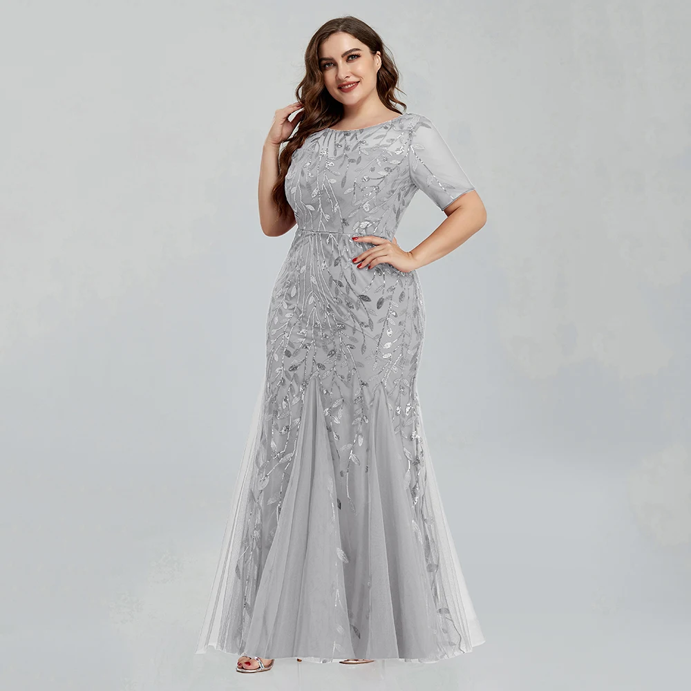 Women Plus Size Sequin Mesh Embroidery Mermaid Evening Dress Formal Short Sleeve Elegant Party Prom Gowns 2020 New Long Dress