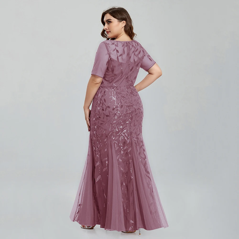 Women Plus Size Sequin Mesh Embroidery Mermaid Evening Dress Formal Short Sleeve Elegant Party Prom Gowns 2020 New Long Dress