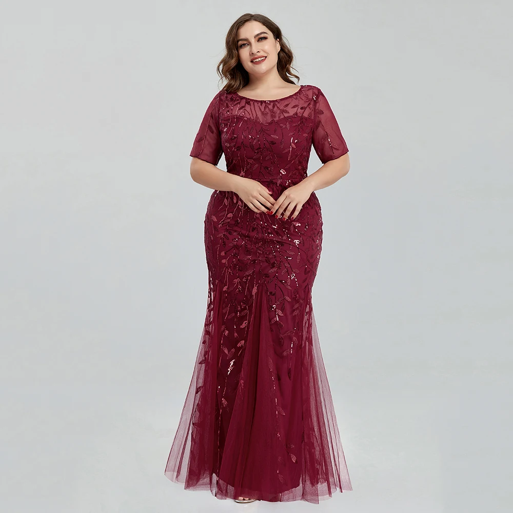 Women Plus Size Sequin Mesh Embroidery Mermaid Evening Dress Formal Short Sleeve Elegant Party Prom Gowns 2020 New Long Dress