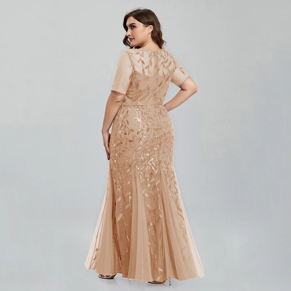 Women Plus Size Sequin Mesh Embroidery Mermaid Evening Dress Formal Short Sleeve Elegant Party Prom Gowns 2020 New Long Dress