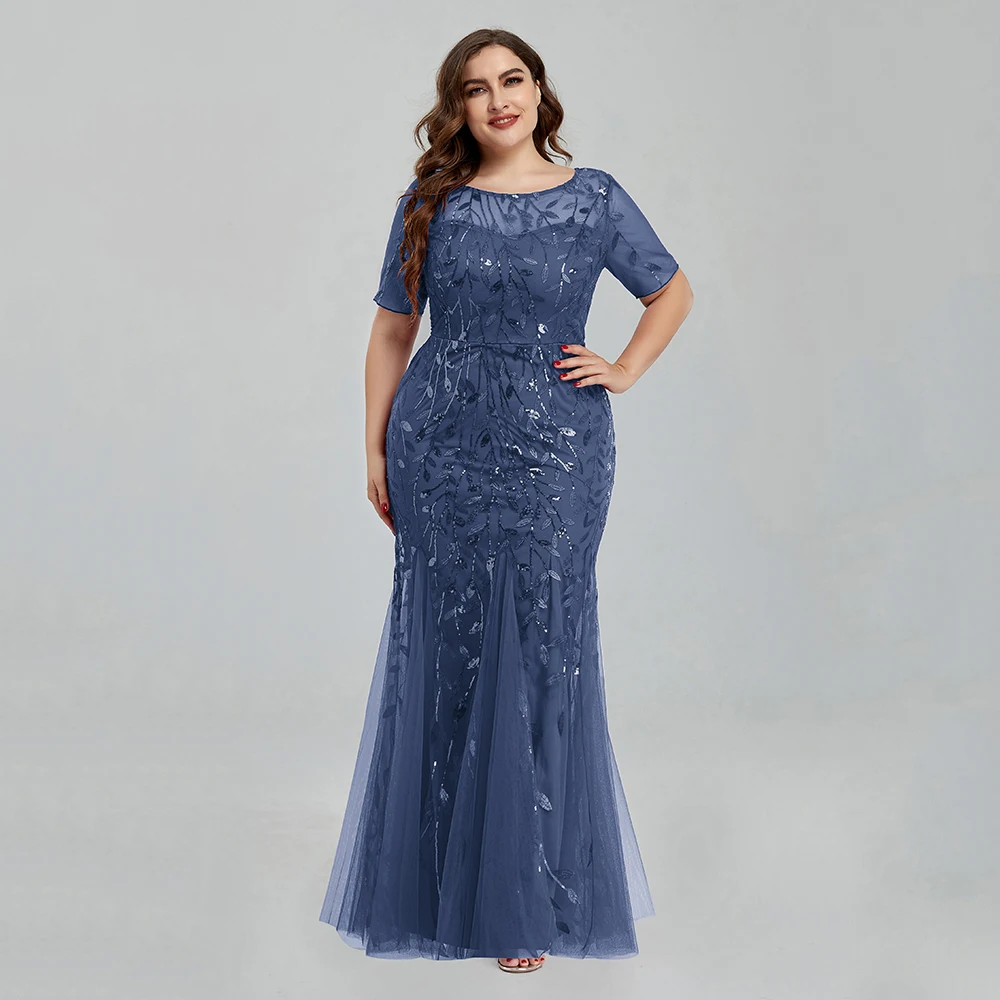 Women Plus Size Sequin Mesh Embroidery Mermaid Evening Dress Formal Short Sleeve Elegant Party Prom Gowns 2020 New Long Dress
