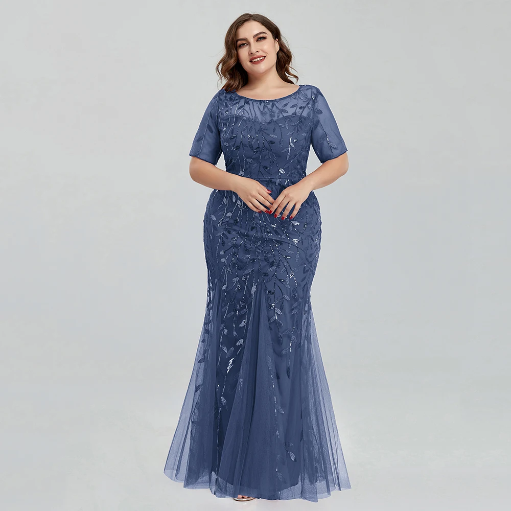 Women Plus Size Sequin Mesh Embroidery Mermaid Evening Dress Formal Short Sleeve Elegant Party Prom Gowns 2020 New Long Dress