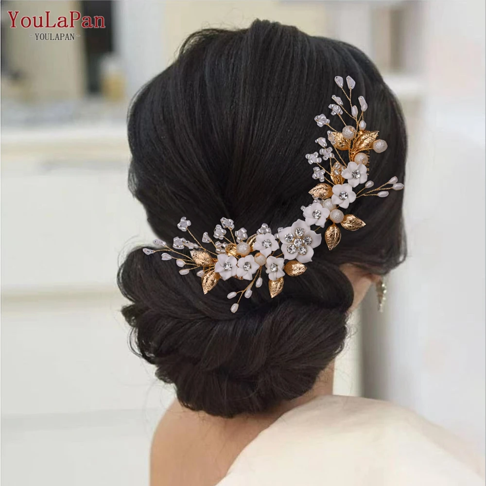 YouLaPan Gold Floral Wedding Hair Comb Bridal Crystal Pearls Headpiece Hair Accessories Bride Jewelry Women Hair Clips HP368