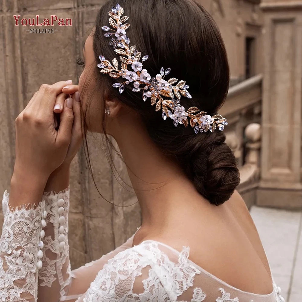 YouLaPan Gold Floral Wedding Hair Comb Bridal Crystal Pearls Headpiece Hair Accessories Bride Jewelry Women Hair Clips HP368