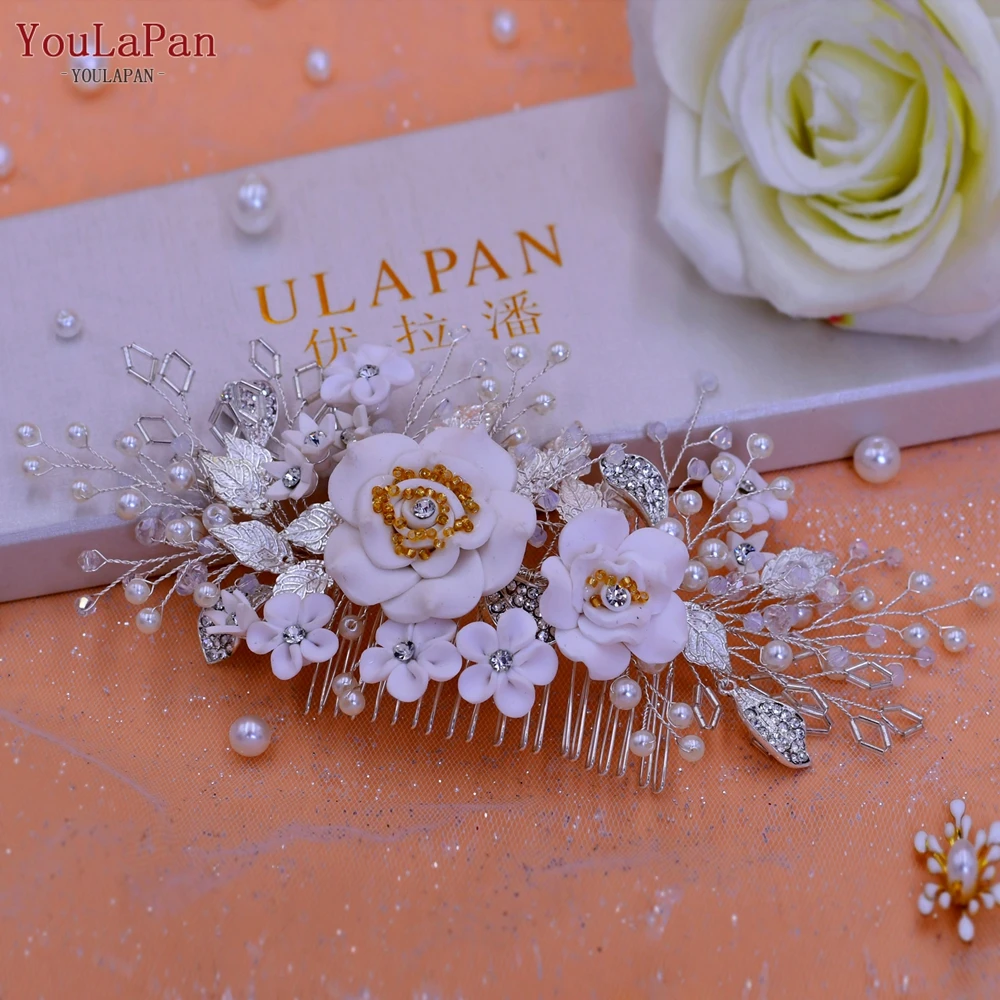 YouLaPan Gold Floral Wedding Hair Comb Bridal Crystal Pearls Headpiece Hair Accessories Bride Jewelry Women Hair Clips HP368