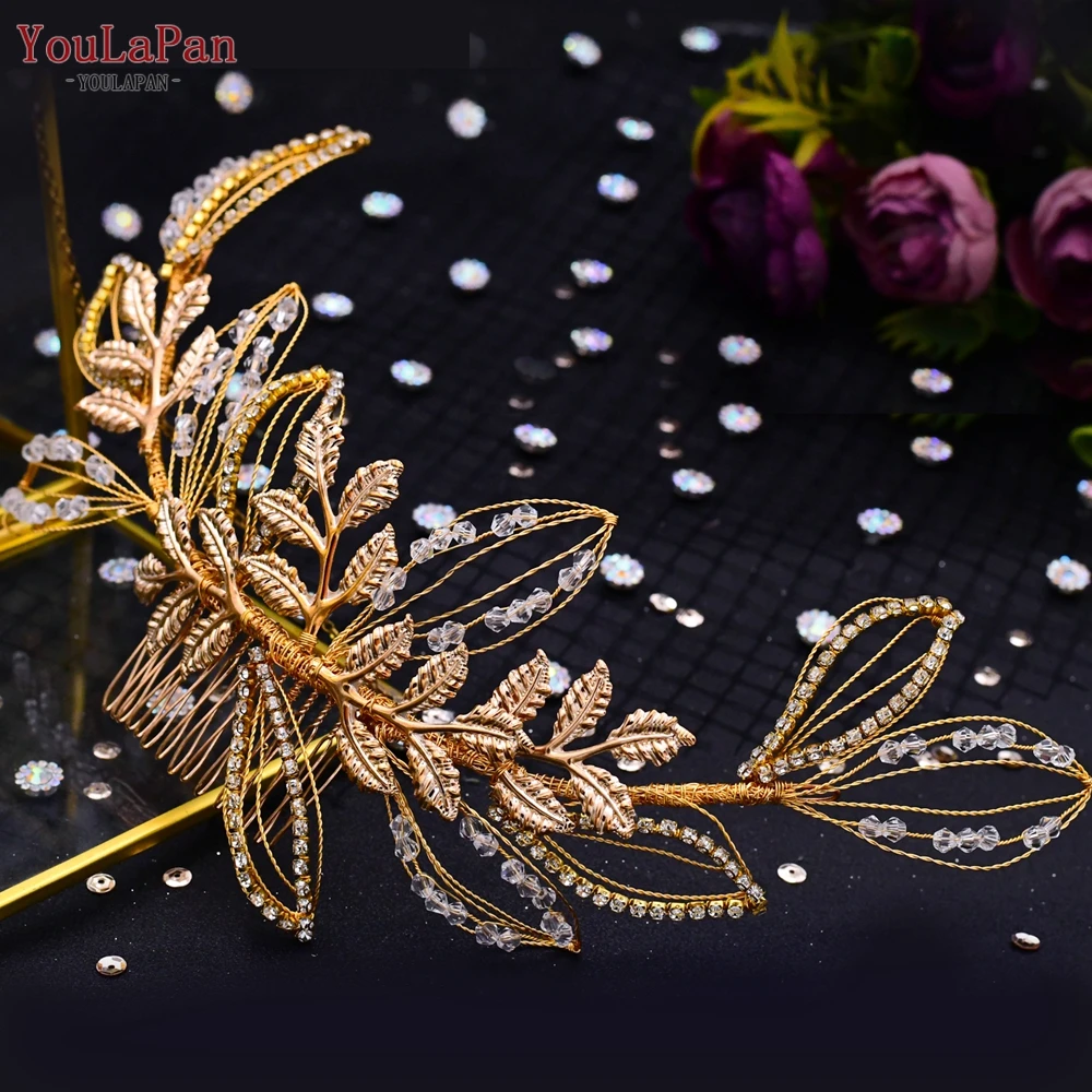 YouLaPan Gold Floral Wedding Hair Comb Bridal Crystal Pearls Headpiece Hair Accessories Bride Jewelry Women Hair Clips HP368