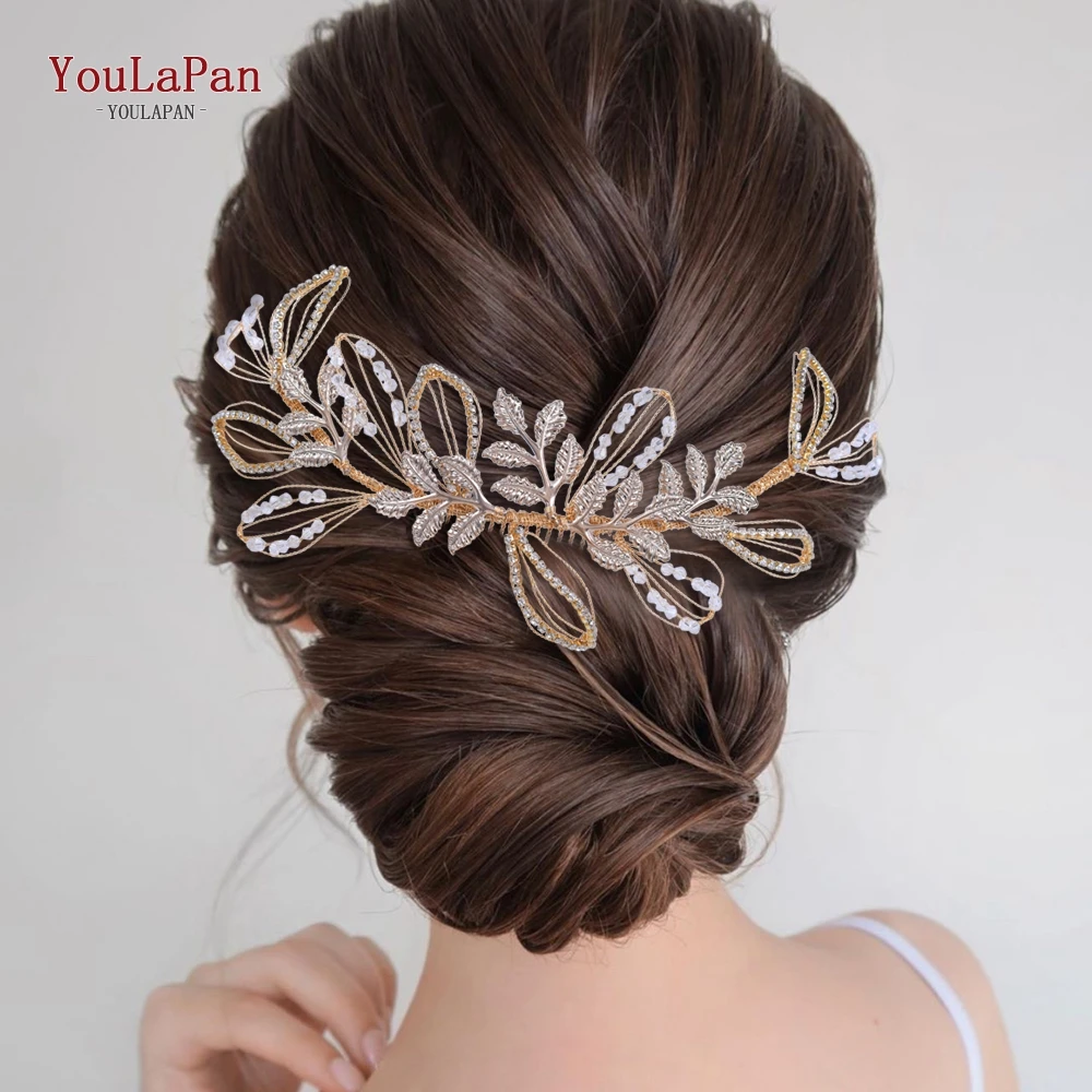 YouLaPan Gold Floral Wedding Hair Comb Bridal Crystal Pearls Headpiece Hair Accessories Bride Jewelry Women Hair Clips HP368