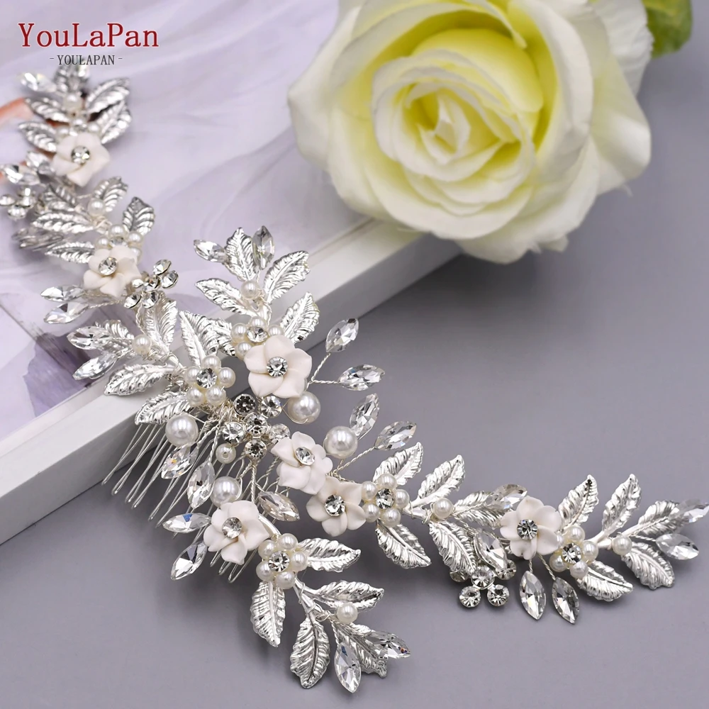 YouLaPan Gold Floral Wedding Hair Comb Bridal Crystal Pearls Headpiece Hair Accessories Bride Jewelry Women Hair Clips HP368
