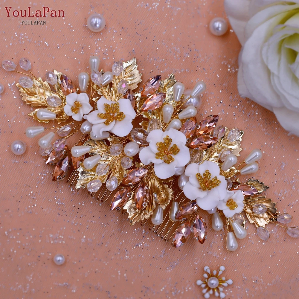 YouLaPan Gold Floral Wedding Hair Comb Bridal Crystal Pearls Headpiece Hair Accessories Bride Jewelry Women Hair Clips HP368