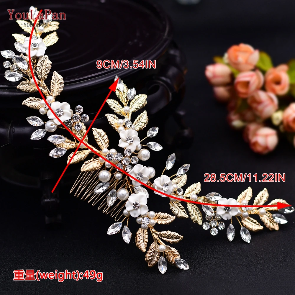 YouLaPan Gold Floral Wedding Hair Comb Bridal Crystal Pearls Headpiece Hair Accessories Bride Jewelry Women Hair Clips HP368