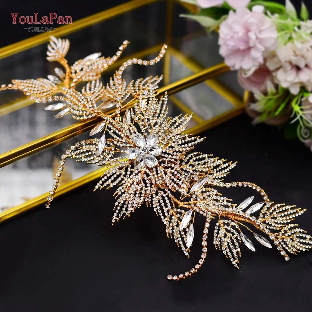 YouLaPan Gold Floral Wedding Hair Comb Bridal Crystal Pearls Headpiece Hair Accessories Bride Jewelry Women Hair Clips HP368